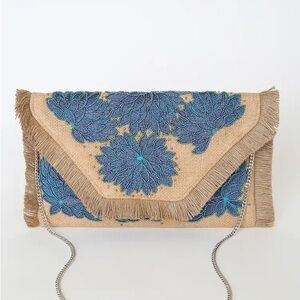 Embroidered Beaded Fringe Clutch - Blue Floral Design